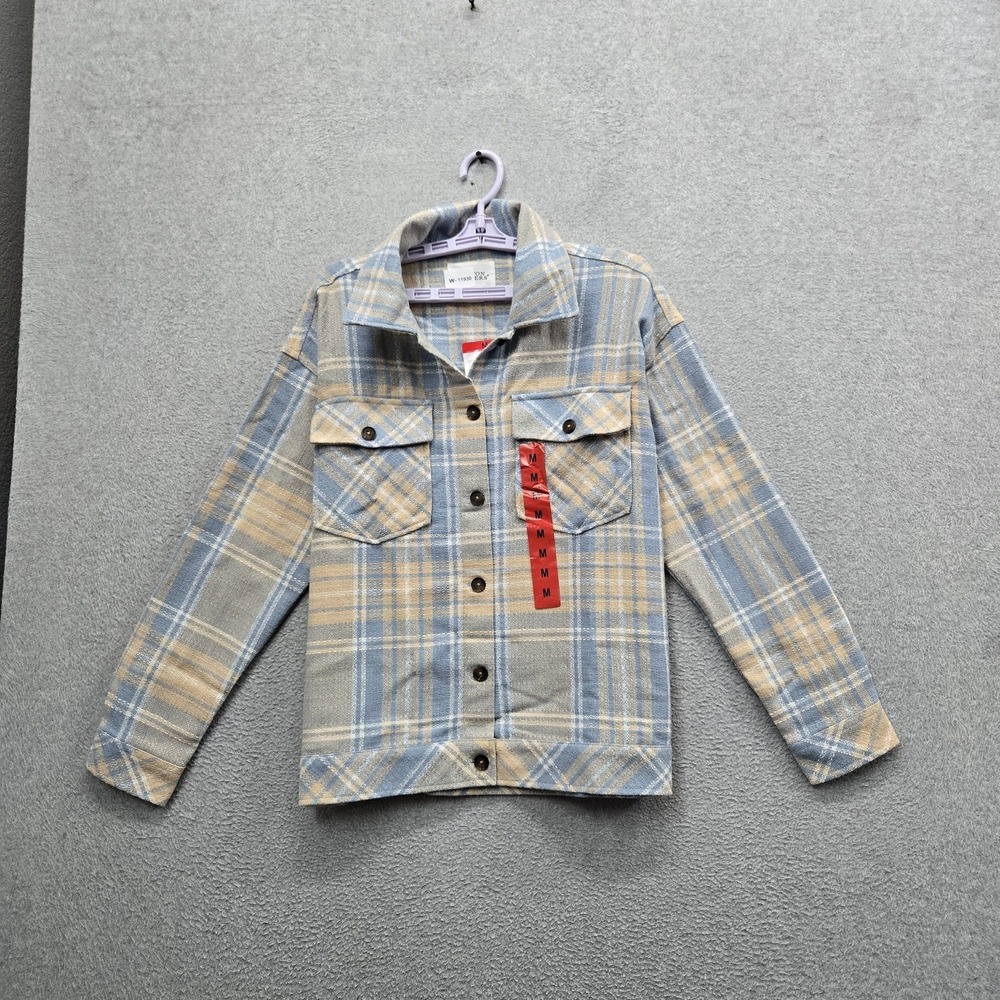 Boston Traders Women Button Up Shirt M Blue Nylon Polyester Plaid Shacket NWT